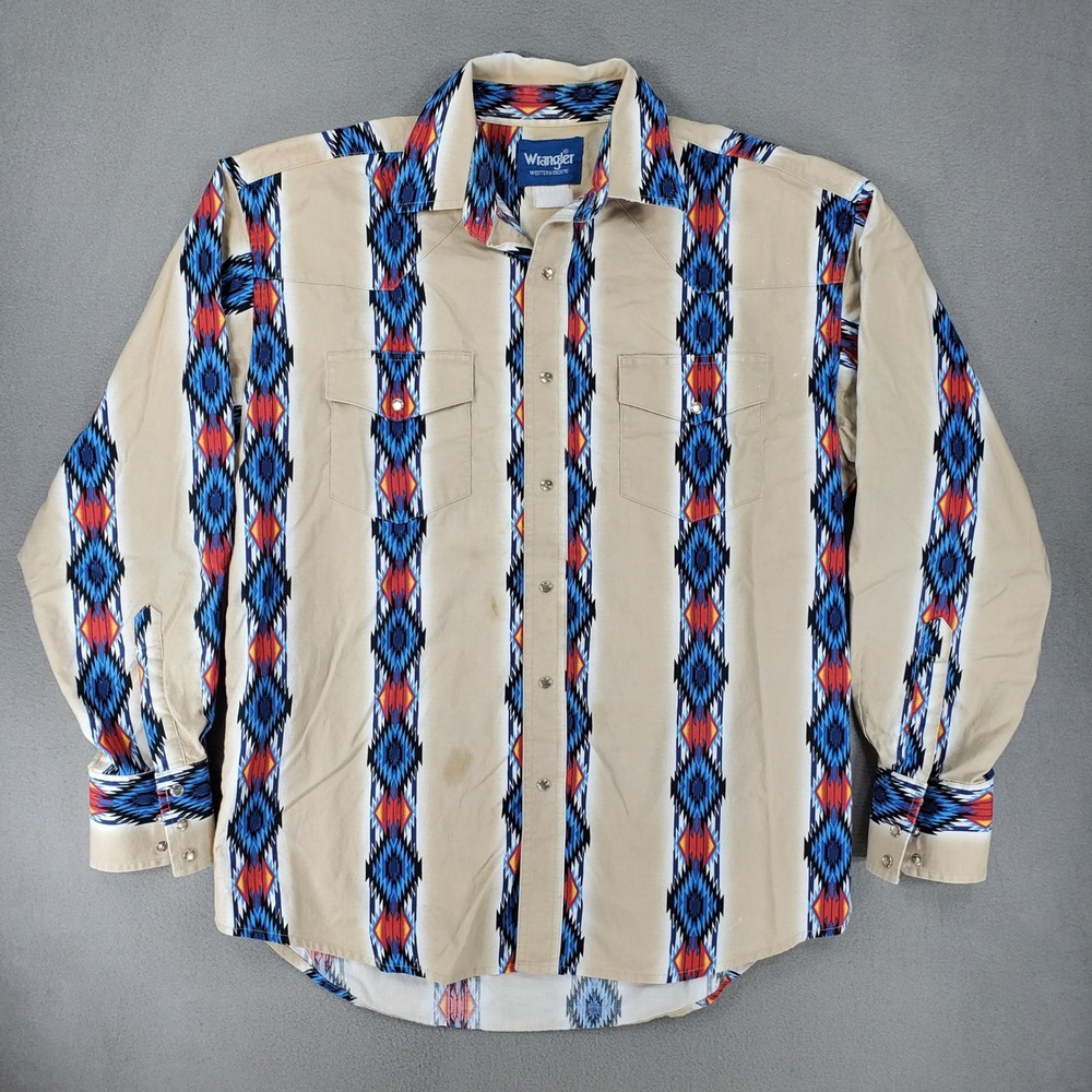 Wrangler Western Shirt Men XL Tan Aztec Southwestern Pearl Snap Long Sleeve VTG